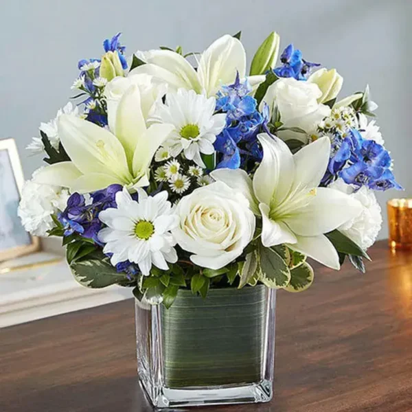 Healing Sorrow: Blue and White Floral Comfort | White Oriental Lilies, Roses, Carnations, Delphinium, Chrysanthemums"
