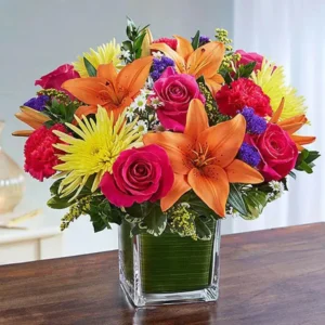 Healing Sorrow: Mixed Flowers in a Vase | Dark Pink Roses, Carnations, Yellow Chrysanthemums, Orange Asiatic Lilies, White Aster, Blue Statice