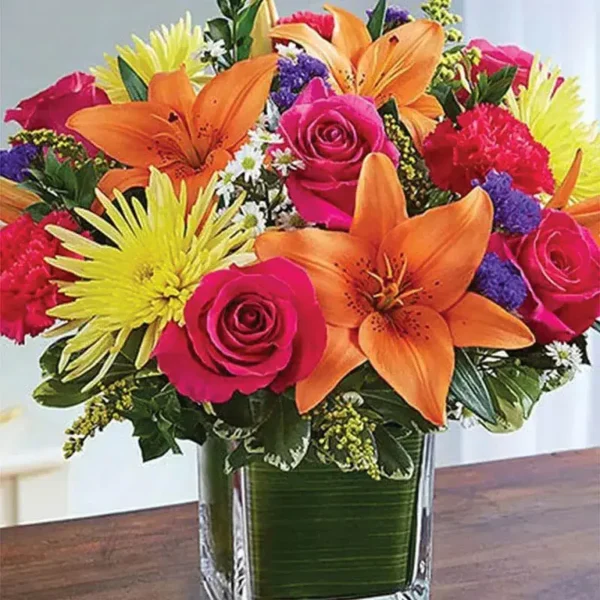 Healing Sorrow: Mixed Flowers in a Vase | Dark Pink Roses, Carnations, Yellow Chrysanthemums, Orange Asiatic Lilies, White Aster, Blue Statice