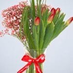 Vibrant Delight: Red Tulips and Gypsophilia in a Cylinder Vase