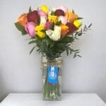 Vibrant Mixed Rose Bouquet with Eucalyptus in Cylinder Vase - Stunning Floral Display for Any Occasion