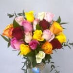 Vibrant Mixed Rose Bouquet with Eucalyptus in Cylinder Vase - Stunning Floral Display for Any Occasion
