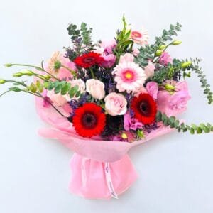 Charming Pink Rose & Gerbera Bouquet with Lisianthus and Eucalyptus