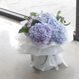 Love in the Sky Bouquet: Blue Hydrangeas, Purple Spray Roses | White Wrap