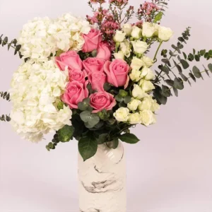Ma Belle Blooms: Elegance Captured in Ceramic Glass Vase ? White Hydrangeas, Pink Roses, Spray Roses, Wax Flower