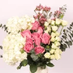 Ma Belle Blooms: Elegance Captured in Ceramic Glass Vase ? White Hydrangeas, Pink Roses, Spray Roses, Wax Flower