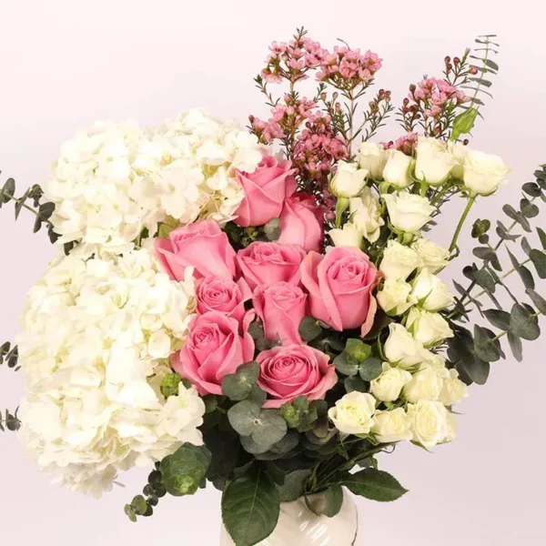 Ma Belle Blooms: Elegance Captured in Ceramic Glass Vase ? White Hydrangeas, Pink Roses, Spray Roses, Wax Flower