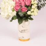 Ma Belle Blooms: Elegance Captured in Ceramic Glass Vase ? White Hydrangeas, Pink Roses, Spray Roses, Wax Flower