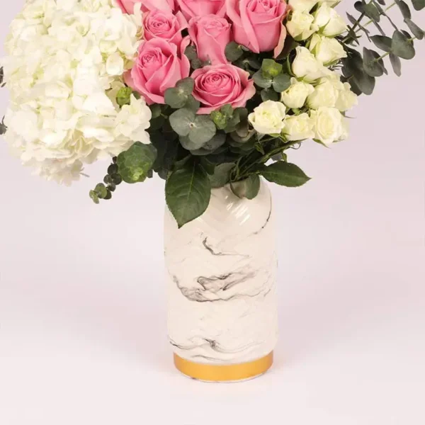 Ma Belle Blooms: Elegance Captured in Ceramic Glass Vase ? White Hydrangeas, Pink Roses, Spray Roses, Wax Flower