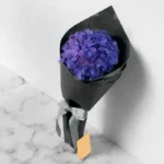 Midnight Gesture Bouquet: Blue Hydrangea | Black Wrap, Ribbon Bow