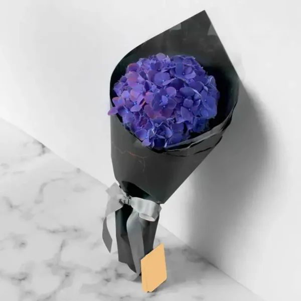 Midnight Gesture Bouquet: Blue Hydrangea | Black Wrap, Ribbon Bow