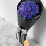 Midnight Gesture Bouquet: Blue Hydrangea | Black Wrap, Ribbon Bow
