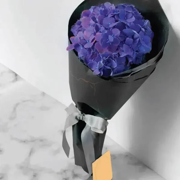 Midnight Gesture Bouquet: Blue Hydrangea | Black Wrap, Ribbon Bow