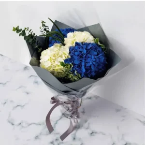 Monsoon Dream Bouquet: Blue Hydrangea, White Hydrangea | Eucalyptus, Pittosporum, Flexi Grass, Contrast Wrap, Satin Ribbon Bow