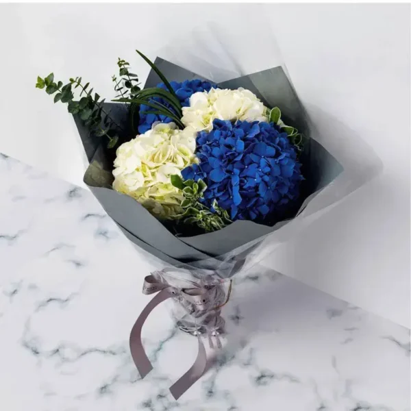 Monsoon Dream Bouquet: Blue Hydrangea, White Hydrangea | Eucalyptus, Pittosporum, Flexi Grass, Contrast Wrap, Satin Ribbon Bow