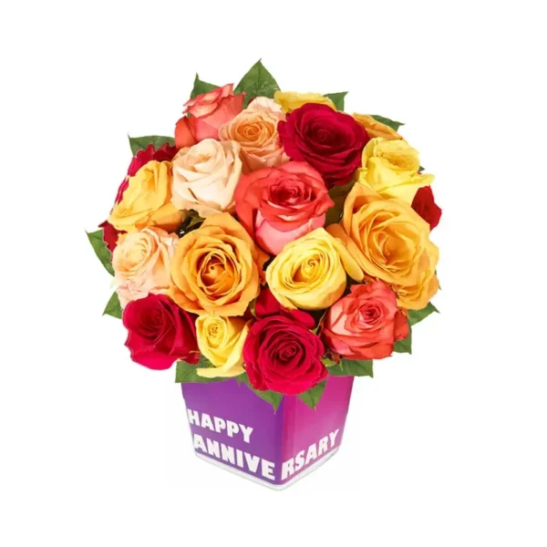 Perfect Lover Mix Roses: Anniversary Vase Elegance ? 30 Multi-color Roses, Ruscus Leaves, Square Glass Vase