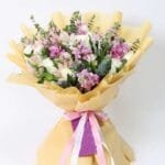 Pink and White Harmony Bouquet: 10 White Roses, 6 Pink Mattiloa, 6 White Carnations, 8 Pink Alstroemeria | Gypsophillia, Eucalyptus, Wrap, Ribbon Bow