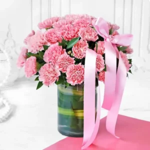 Pink Carnation Elegance: A Graceful Arrangement - 40 Pink Carnations, Green Leaves, Glass Vase