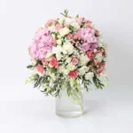 Tall and Graceful Floral Arrangement: Hydrangeas, Carnations, Roses, Orchids, Hypericum in Cylinder Glass Vase