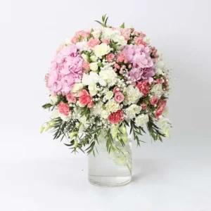 Tall and Graceful Floral Arrangement: Hydrangeas, Carnations, Roses, Orchids, Hypericum in Cylinder Glass Vase