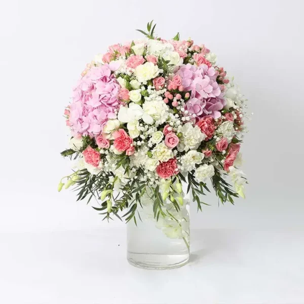 Tall and Graceful Floral Arrangement: Hydrangeas, Carnations, Roses, Orchids, Hypericum in Cylinder Glass Vase