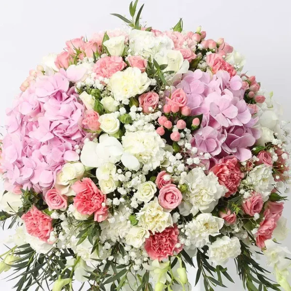 Tall and Graceful Floral Arrangement: Hydrangeas, Carnations, Roses, Orchids, Hypericum in Cylinder Glass Vase