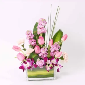 Pretty Lady: Elegance in a Vase Arrangement - Pink Roses, Tulips, Matthiola, Carnations, and Purple Orchids