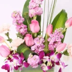 Pretty Lady: Elegance in a Vase Arrangement - Pink Roses, Tulips, Matthiola, Carnations, and Purple Orchids
