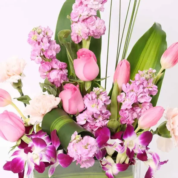 Pretty Lady: Elegance in a Vase Arrangement - Pink Roses, Tulips, Matthiola, Carnations, and Purple Orchids