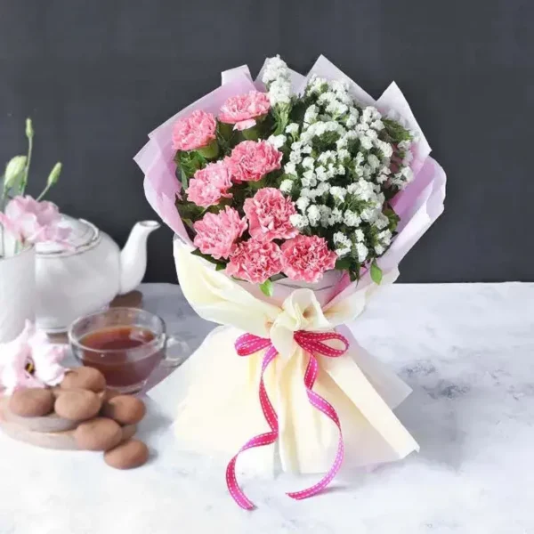 Pretty Pink Carnations Bouquet: 8 Pink Carnations, 8 White Statice | Contrast Wrap, Ribbon Bow