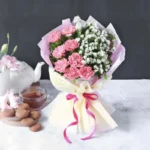 Pretty Pink Carnations Bouquet: 8 Pink Carnations, 8 White Statice | Contrast Wrap, Ribbon Bow