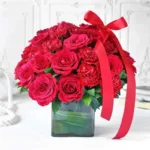 Red Roses & Carnations: A Stunning Arrangement - 20 Red Roses, 20 Red Carnations, Green Leaves, Square Glass Vase
