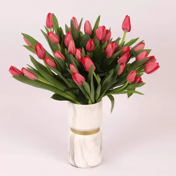 Scarlet Elegance: 31 Red Tulips in Glass Vase - Premium Floral Arrangement