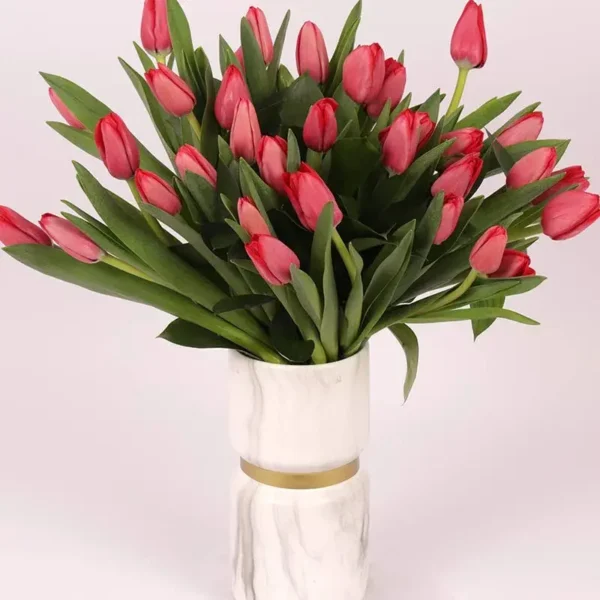 Scarlet Elegance: 31 Red Tulips in Glass Vase - Premium Floral Arrangement