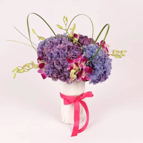 Shades of Purple: Premium Display in Ceramic Glass - Purple Hydrangeas, Orchids, Flexi Grass