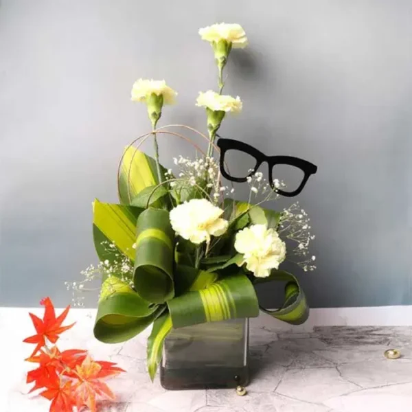 Spectacular Carnations: A Blooming Display of Elegance - White Carnations, Gypsophila, Dracaena Fragrans Massangeana Leaves
