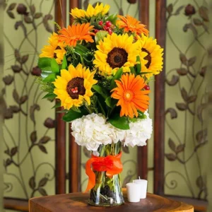 Sun Rays: A Radiant Floral Arrangement in Vase - White Hydrangea, Sunflowers, Orange Gerberas, Red Hypericum, Single Ruscus, Solidaster, Glass Vase with Ribbon Bow