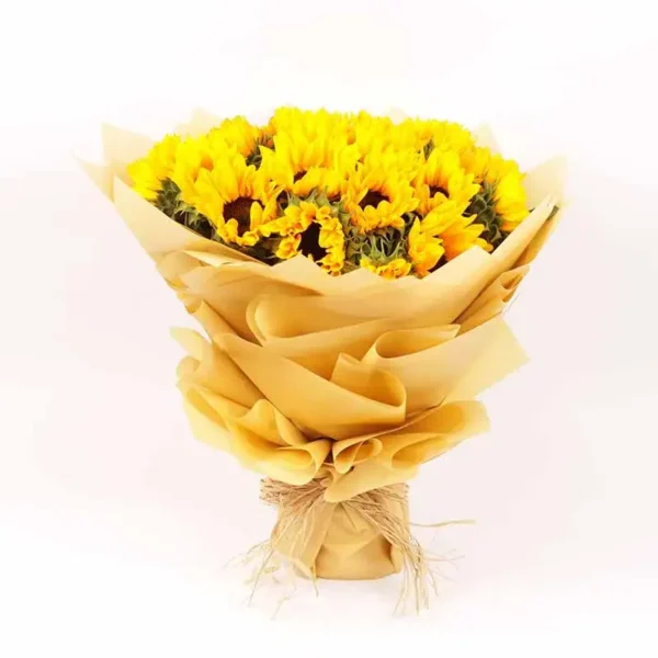 Sunny Elegance Bouquet: 15 Sunflowers | Beige Wrapping, Natural Raffia Tie