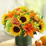 Sunny Sunrise: A Blooming Arrangement in Glass Vase | Sunflowers, Orange Lilies, Spray Roses, Hypericum
