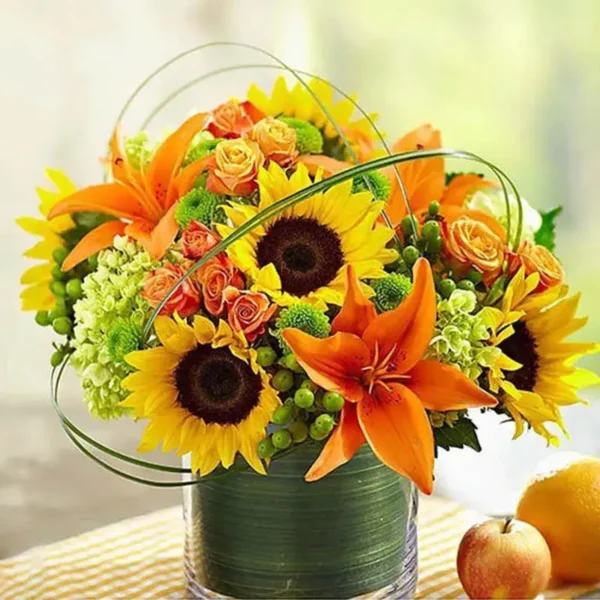 Sunny Sunrise: A Blooming Arrangement in Glass Vase | Sunflowers, Orange Lilies, Spray Roses, Hypericum