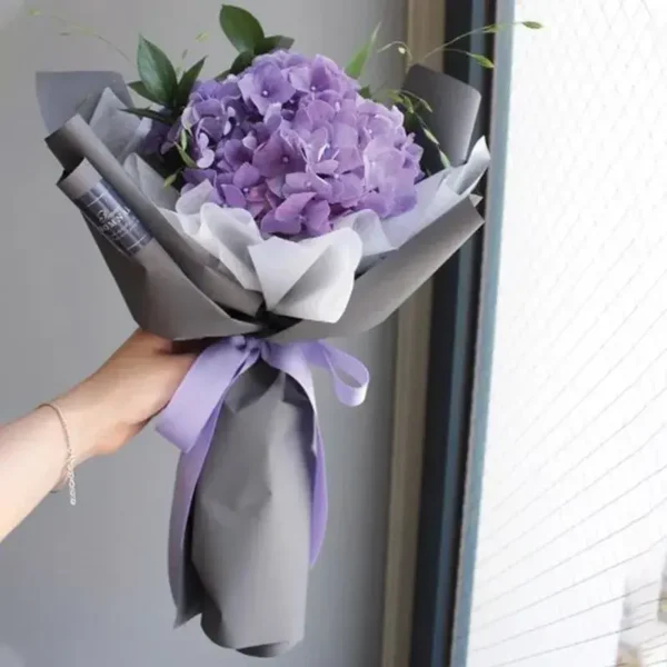 The Art of Purple Bouquet: Purple Hydrangea, Ruscus, Fillers | Contrast Wrap, Ribbon Bow