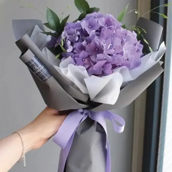 The Art of Purple Bouquet: Purple Hydrangea, Ruscus, Fillers | Contrast Wrap, Ribbon Bow
