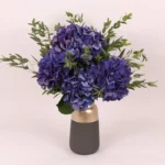Twilight Hydrangea Premium Arrangement in Ceramic Glass Vase: 4 Dark Blue Hydrangeas with Parvifolia Leaves