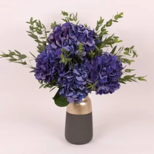 Twilight Hydrangea Premium Arrangement in Ceramic Glass Vase: 4 Dark Blue Hydrangeas with Parvifolia Leaves