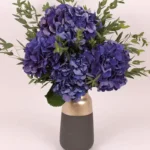 Twilight Hydrangea Premium Arrangement in Ceramic Glass Vase: 4 Dark Blue Hydrangeas with Parvifolia Leaves
