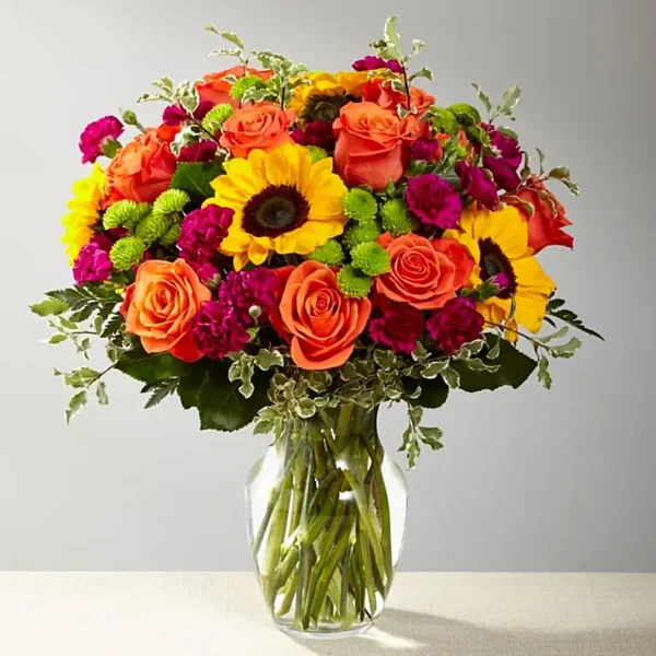 Appreciation: Mix Variety of Blooms in Vase | Sunflowers, Orange Roses, Spray Carnations, Chrysanthemums
