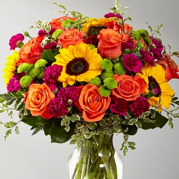 Appreciation: Mix Variety of Blooms in Vase | Sunflowers, Orange Roses, Spray Carnations, Chrysanthemums