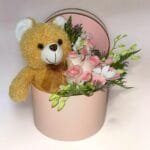 Charming Pink Rose & White Dendrobium Bouquet with Teddy Bear in Pink Round Box - Perfect Gift Set