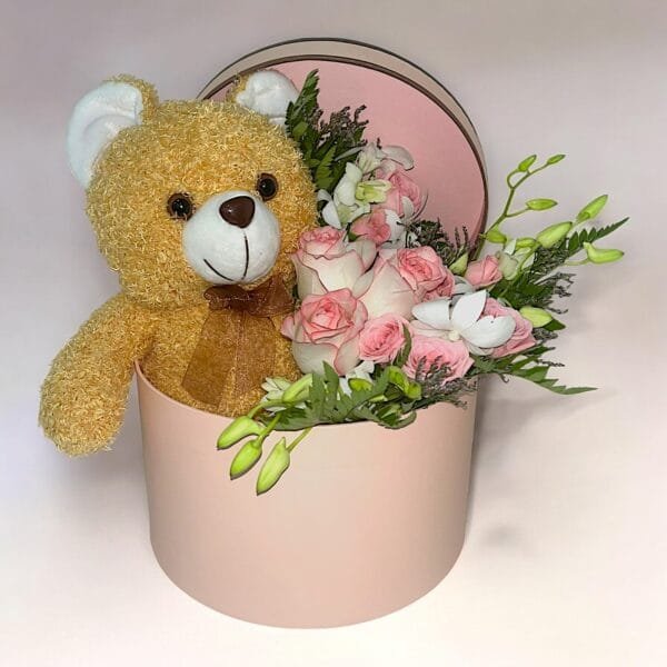 Charming Pink Rose & White Dendrobium Bouquet with Teddy Bear in Pink Round Box - Perfect Gift Set