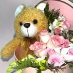Charming Pink Rose & White Dendrobium Bouquet with Teddy Bear in Pink Round Box - Perfect Gift Set